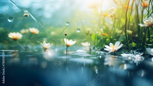 An enchanting macro shot capturing the delicate dew drops on tranquil pond water with blooming flowers