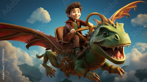 A young boy gleefully flies on a friendly dragon with open wings against a blue sky