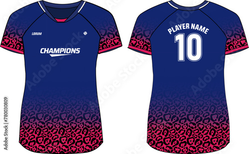 Women Sports Jersey t-shirt design Flat sketch Illustration, Leopard skin pattern V Neck t shirt for Ladies Volleyball jersey, Football, badminton, Soccer and netball, Sport uniform kit