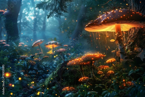Mythical creatures of all shapes and sizes inhabiting a mystical forest blanketed with luminescent mushrooms.