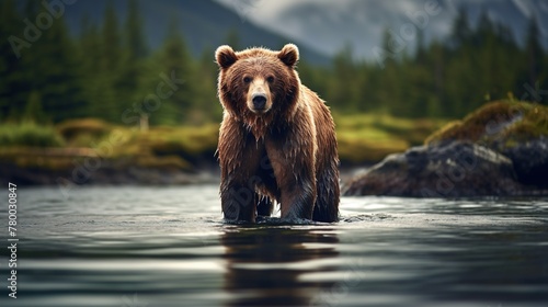 A powerful brown bear stands mid-river surrounded by foggy mountains, exuding a strong presence in a serene environment