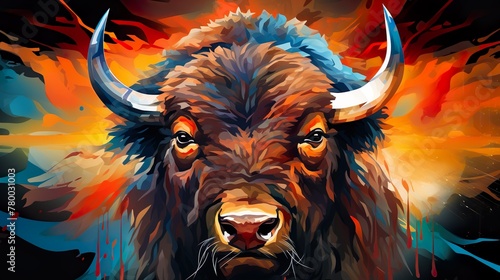 A vibrant abstract illustration of a bison with bold splashes of color and dynamic lines © Damerfie