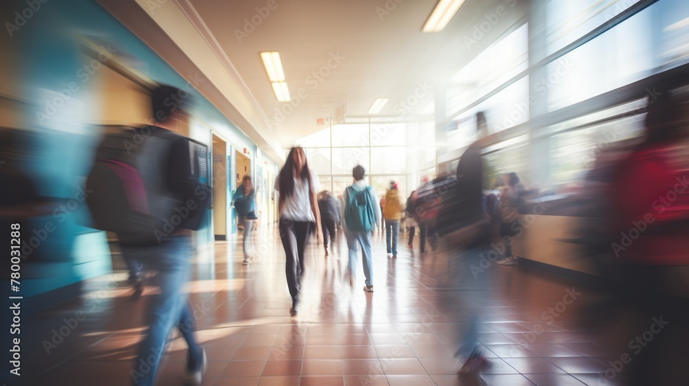 A dynamic image portraying students on the move inside a school corridor with streaming sunlight A dynamic image portraying students on the move inside a school corridor with streaming sunlight