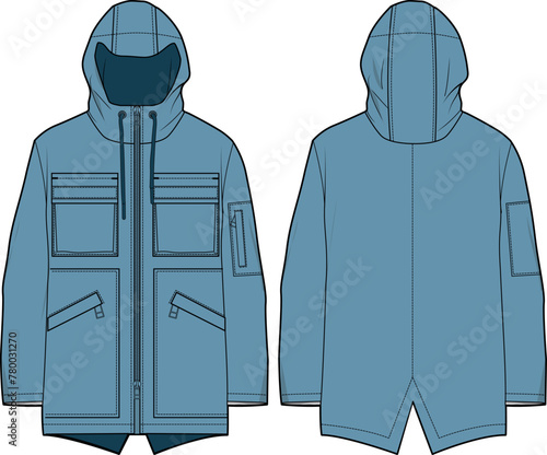 Protective parka Hoodie jacket design flat sketch Illustration, Hooded utility jacket with front and back view, winter jacket for Men and women. for hiker, outerwear and workout in winter