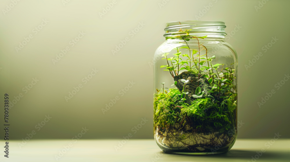 Self-sustaining terrarium with vibrant plants in a glass jar Self-sustaining terrarium with vibrant plants in a glass jar