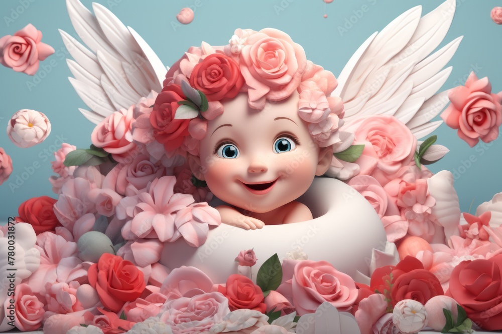 Fototapeta premium A cute and magical moment: a little angel with wings against a background of flowers and hearts, perfect for a Valentine's Day celebration.