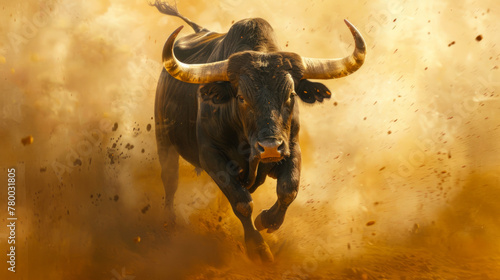 Single bull running in dust with focus on the animal