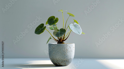 Potted Chinese money plant in a concrete pot