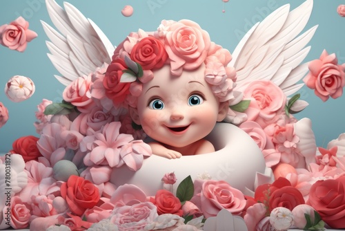 A cute and magical moment: a little angel with wings against a background of flowers and hearts, perfect for a Valentine's Day celebration.