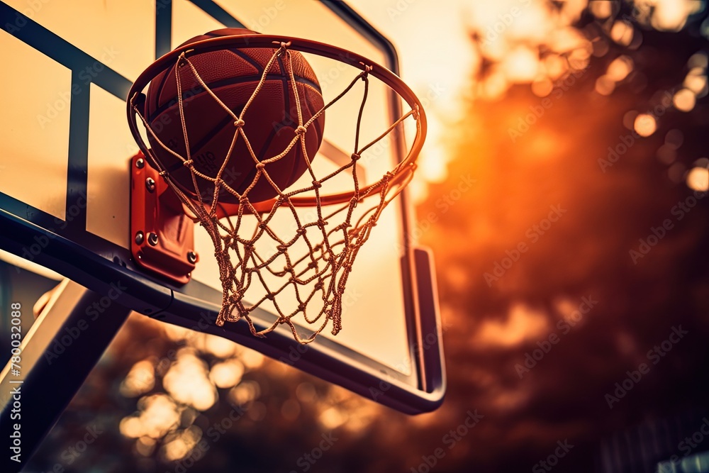 Ball in basketball hoop. Generative AI