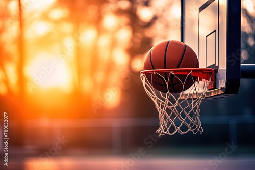 Ball in basketball hoop. Generative AI © moumeni