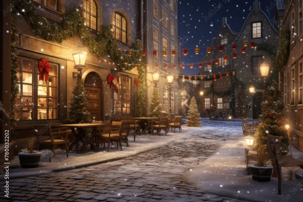 Magical winter town street at night, featuring Christmas trees, houses, and snowy landscapes.