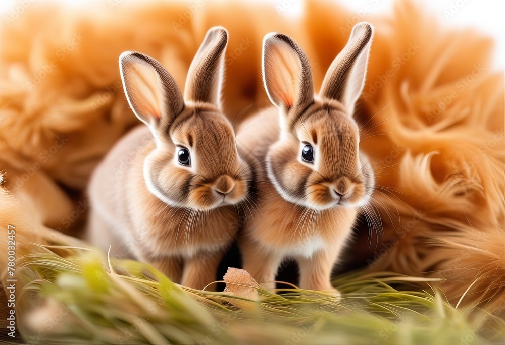 Adorable Baby Bunnies with Pointed Ears on a Serene White Canvas