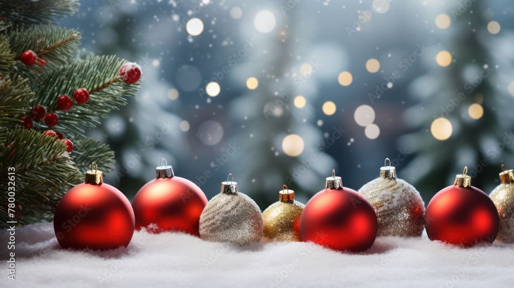 Christmas card background with festive baubles and holiday lights. Winter celebration, red and gold decorations, close-up. Christmas card background with festive baubles and holiday lights. Winter celebration, red and gold decorations, close-up.