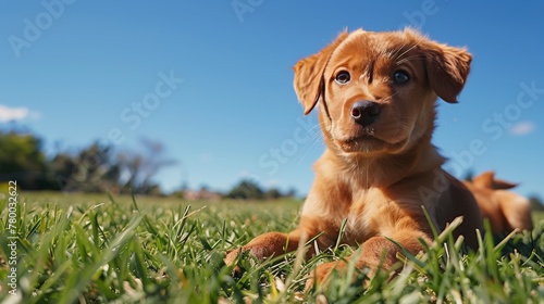 Small Brown and White Dog Walking Across Lush Green Field