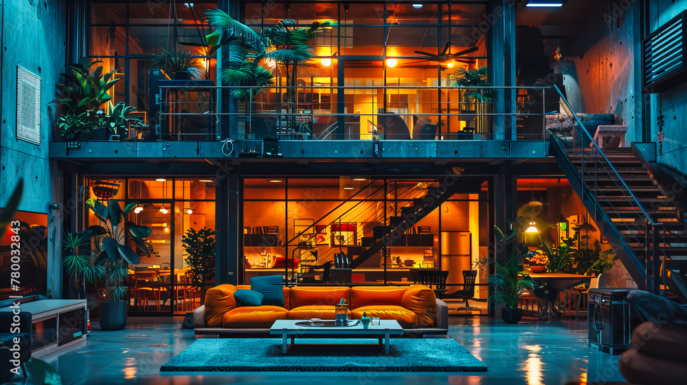 Luxury Home Interior with Modern Furniture, Comfortable Sofa in Living Room, Elegant Night Architecture Luxury Home Interior with Modern Furniture, Comfortable Sofa in Living Room, Elegant Night Architecture