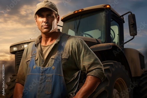 A portrait of a mature farmer with a tractor in the background, his serious expression reflects responsibility and confidence in his profession.