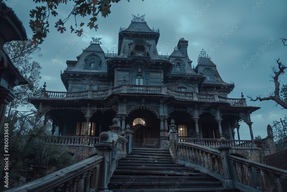 Spooky manor teeming with ghostly apparitions and a sense of foreboding, creating a hauntingly creepy ambiance.