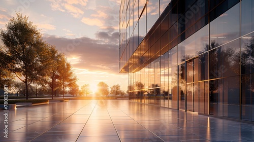 a glass building with trees and a sunset photo