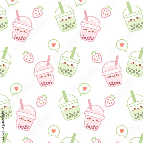 Kawaii cute seamless pattern with boba bubble milk tea on white background.
