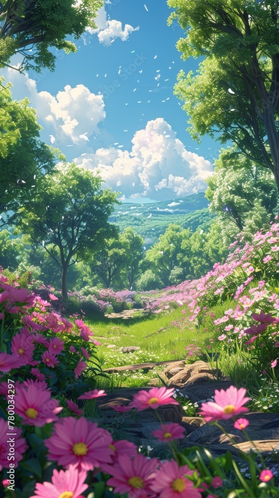 Lush Green Forest Painting Filled With Flowers
