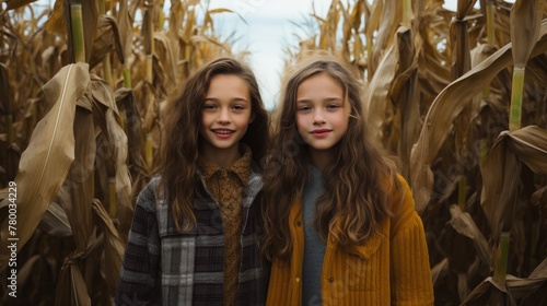 Two girlfriends in simple country clothes show the charm of old-time country life against a background of yellow hues of corn. photo