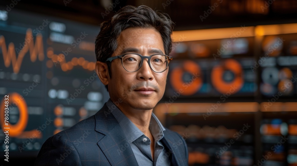 Fototapeta premium Businessman in Suit and Glasses at Wall