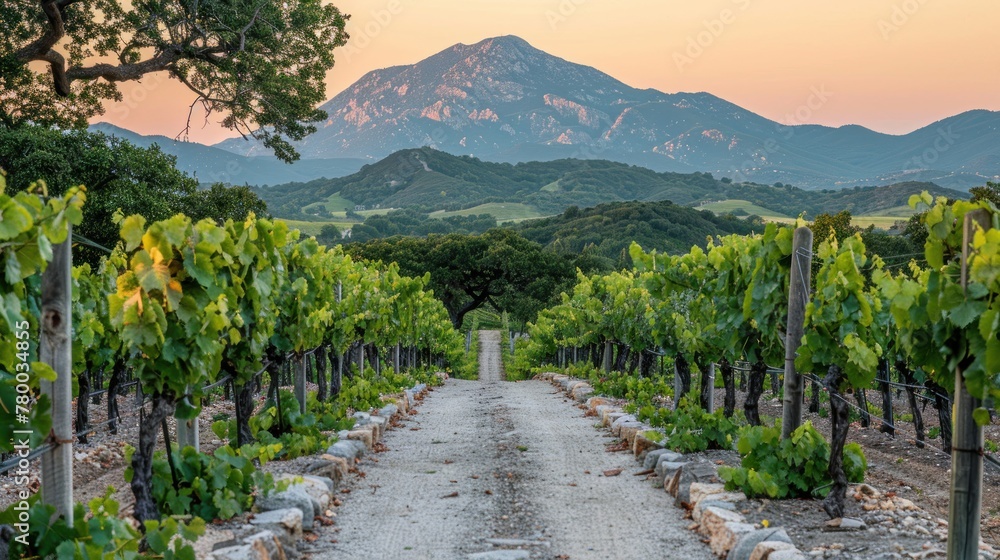 Naklejka premium Dirt Road Surrounded by Trees and Mountains