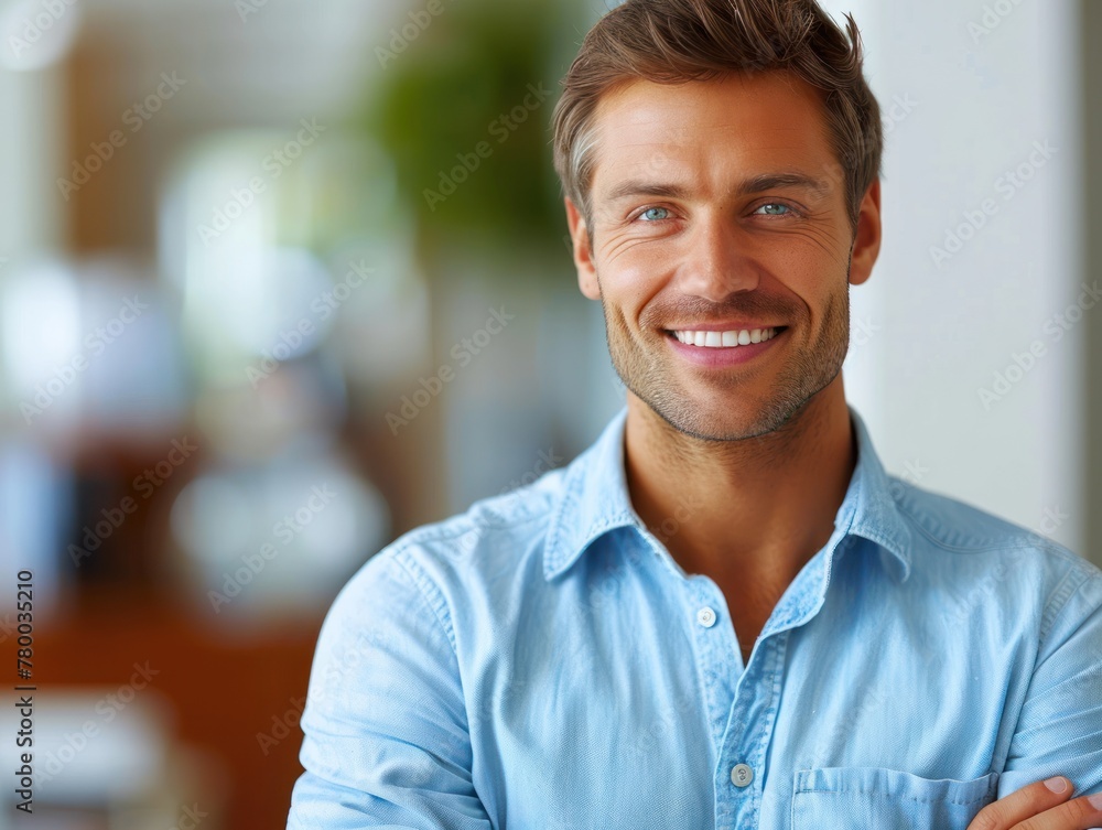 Obraz premium Smiling Man in Blue Shirt With Arms Crossed