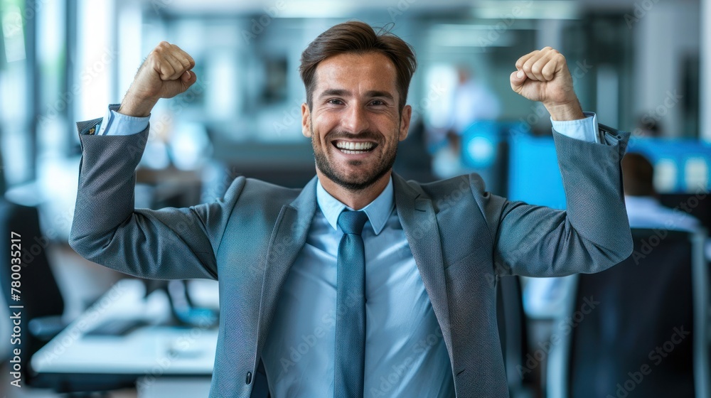 Businessman in Suit and Tie Raising Arms Businessman in Suit and Tie Raising Arms