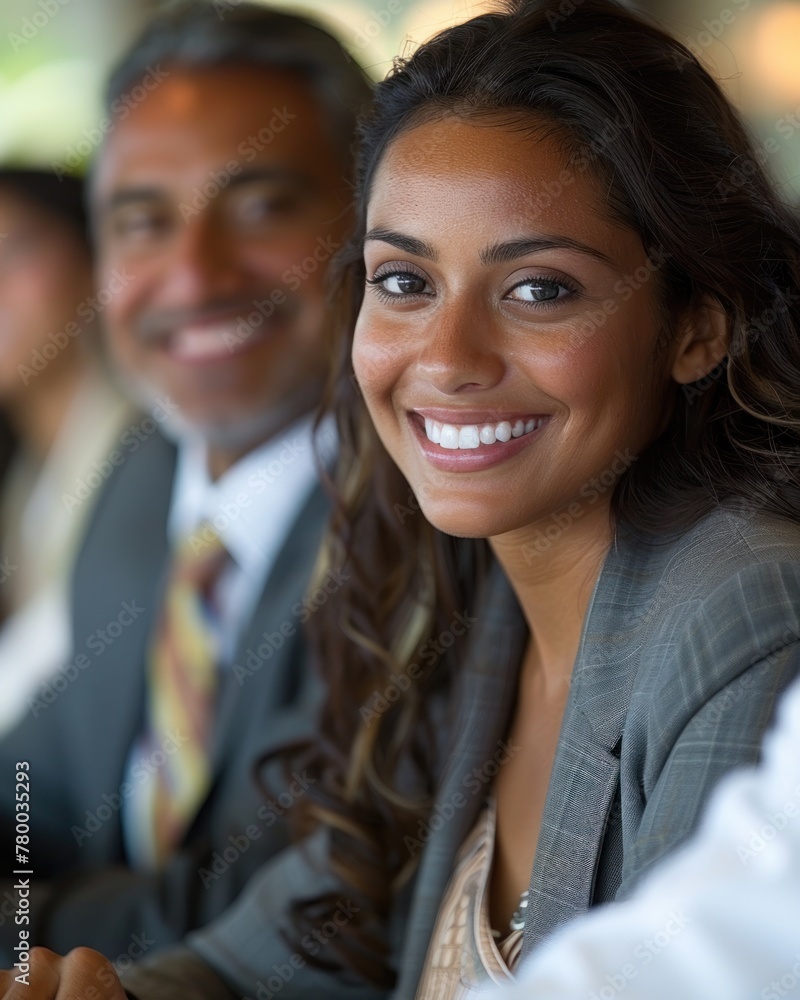 Fototapeta premium Smiling Woman Sitting Next to Man in a Suit