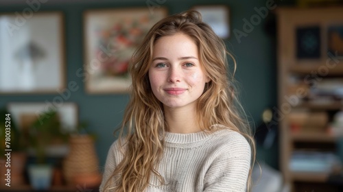 Beautiful Young Woman Standing in Living Room