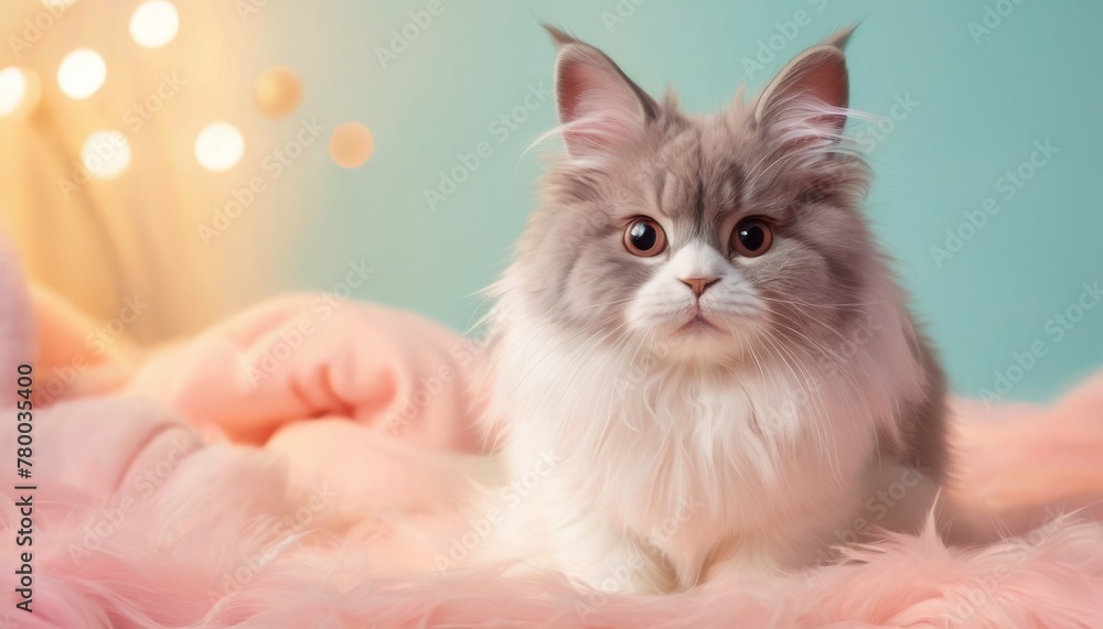 A fluffy grey and white cat lounges gracefully, its luxurious fur complemented by a soft, pink-toned backdrop