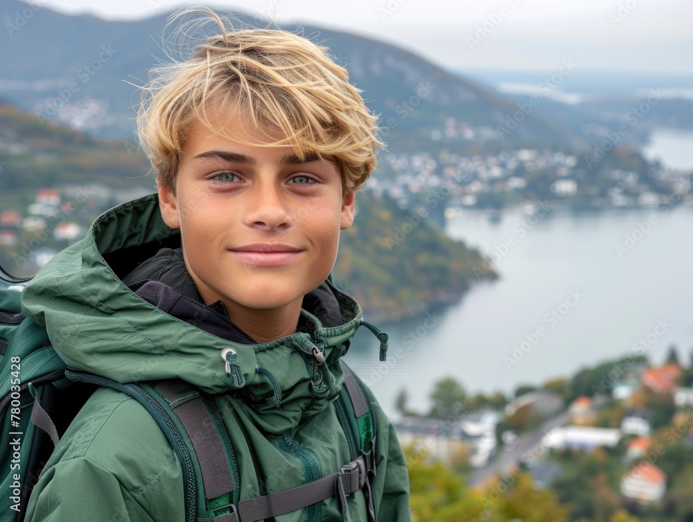 Young Man With Backpack on Mountain Top