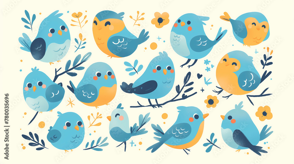 Set of cute blue birds with flowers and leaves. Vector illustration.