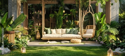 outdoor garden with wooden furniture lush green grass, in the backyard with green garden