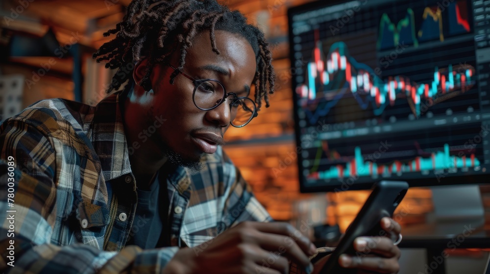 Young Black Man Analyzing Crypto Trading Chart