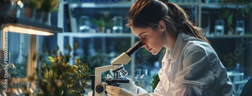 a woman looking through a microscope
