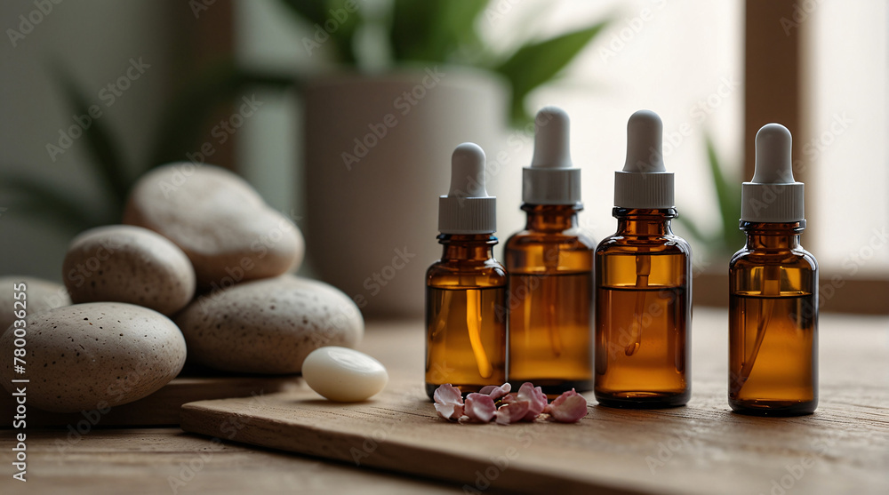 bottles on the background of the spa room skin care serum or natural cosmetics with essential oil face and body beauty concept spa concept place for text. ai generated bottles on the background of the spa room skin care serum or natural cosmetics with essential oil face and body beauty concept spa concept place for text. ai generated