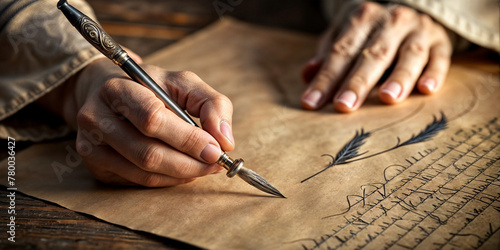 write with a beautiful quill pen on craft paper in calligraphic handwriting