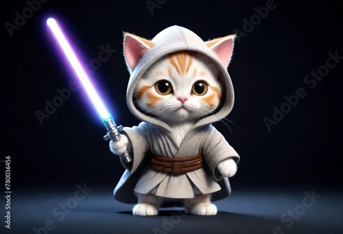 Funny cat in Jedi clothes and with a lightsaber, neon style 3d, cute pet for background, poster, print, design card, banner, flyer