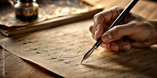 write with a beautiful quill pen on craft paper in calligraphic handwriting photo