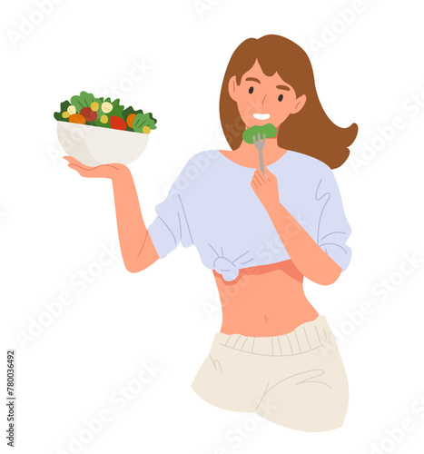 Young happy woman eating salad isolated on white background. Concept of healthy lifestyle, diet, waist loss, fresh meal, cooking, clean food, low calorie. Flat vector illustration cartoon character.