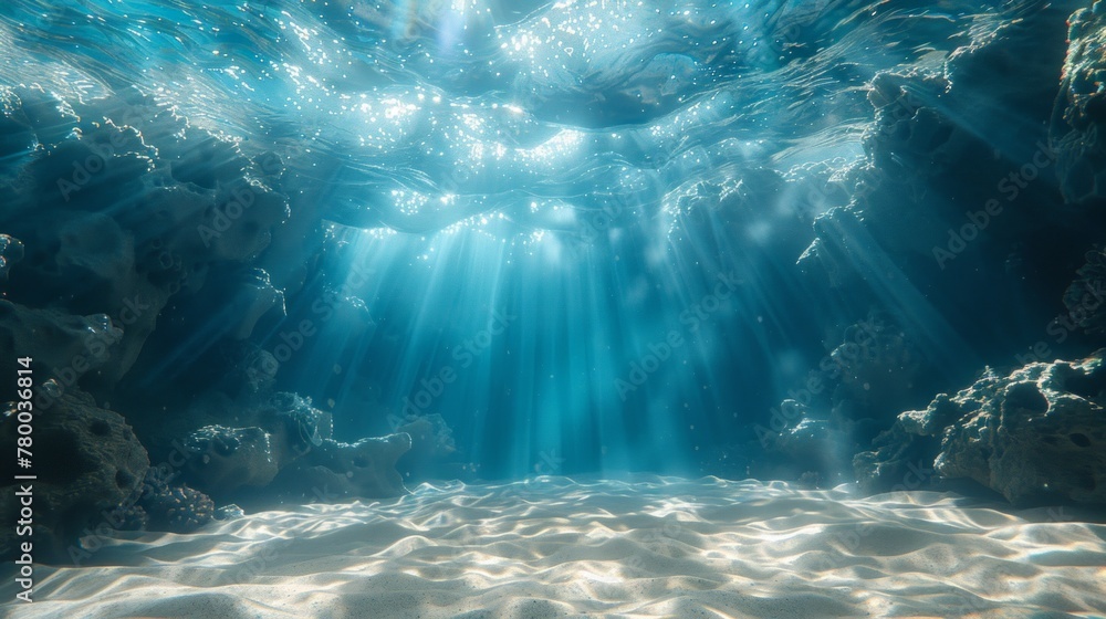 Rays of light reaching the sandy bottom of the sea.