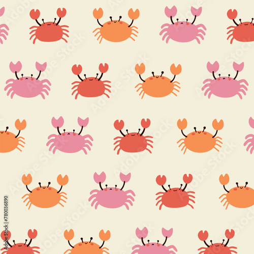 Seamless pattern with crab on soft yellow background.