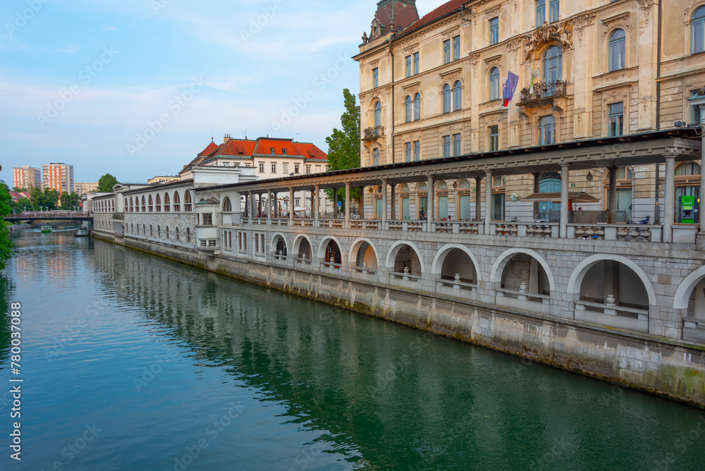 Covered marketplace at the side of river Ljubljanica in Ljubljan Covered marketplace at the side of river Ljubljanica in Ljubljan