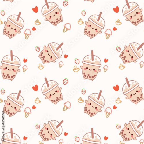 Kawaii cute seamless pattern with boba bubble milk tea  on white background.