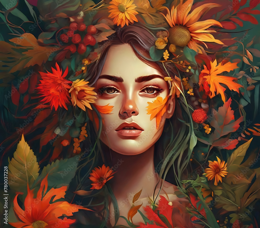 painting of depicting a charming female face surrounded by colorful autumn-inspired flowers and leaf arrangement	