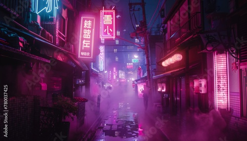 a street with neon signs and buildings in the background