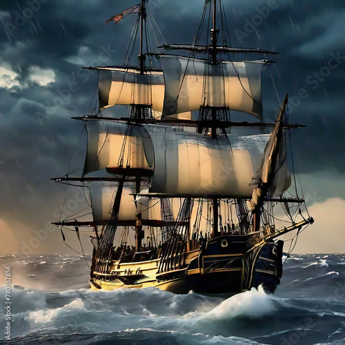Vintage Sailing ship on the stormy sea in the evening  photo